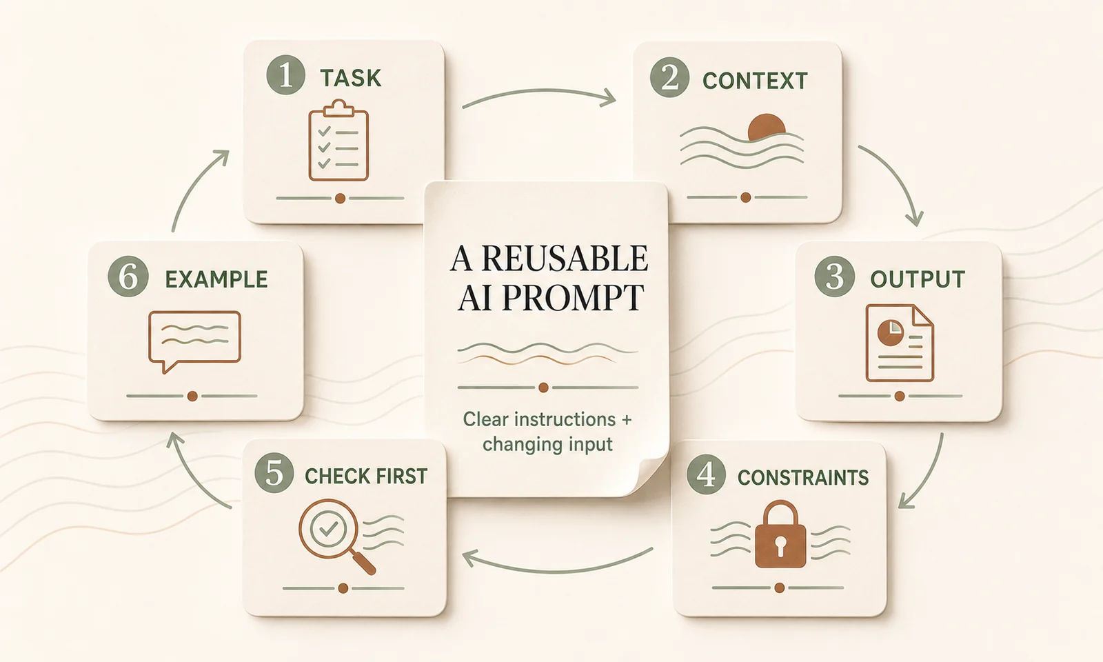 Diagram showing the six parts of a reusable AI prompt: task, context, output, constraints, check first, and example.