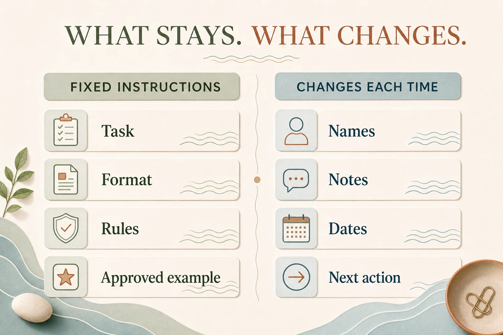 Two-column diagram separating fixed prompt instructions from the names, notes, dates, and next action that change each time.